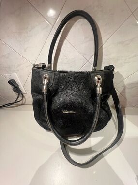 Black Valentina Genuine Cow Fur Women's Shoulder Bag with Double Handles